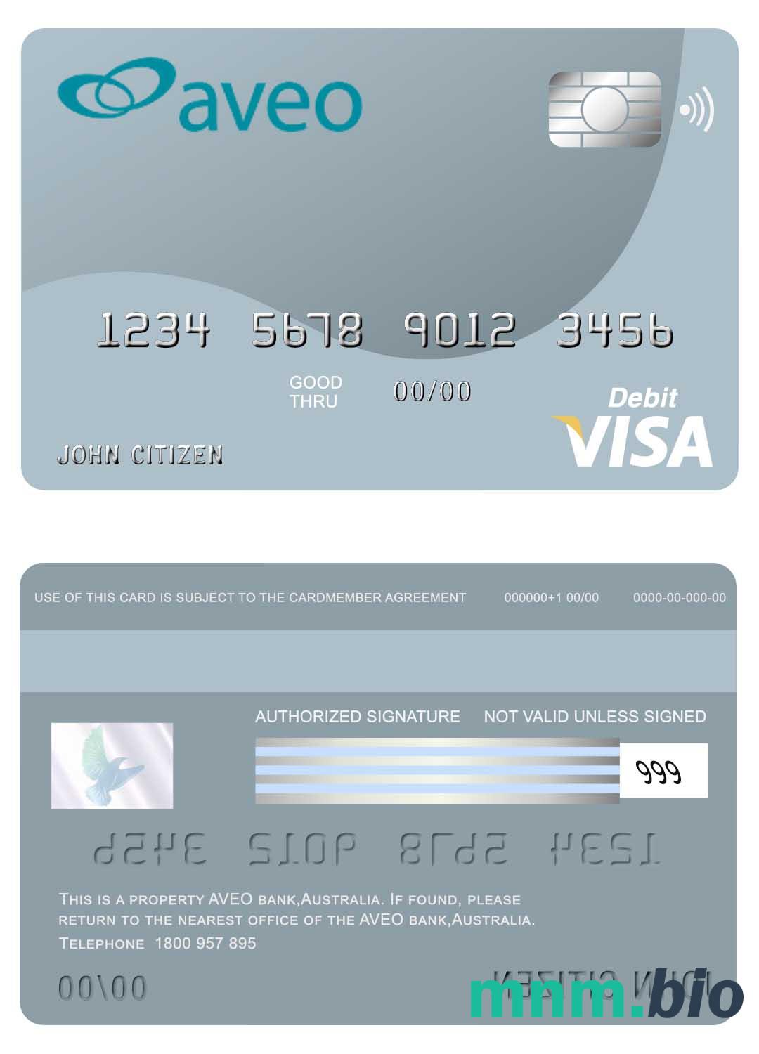 Australia Aveo bank przykład karty visa w formacie PSD
